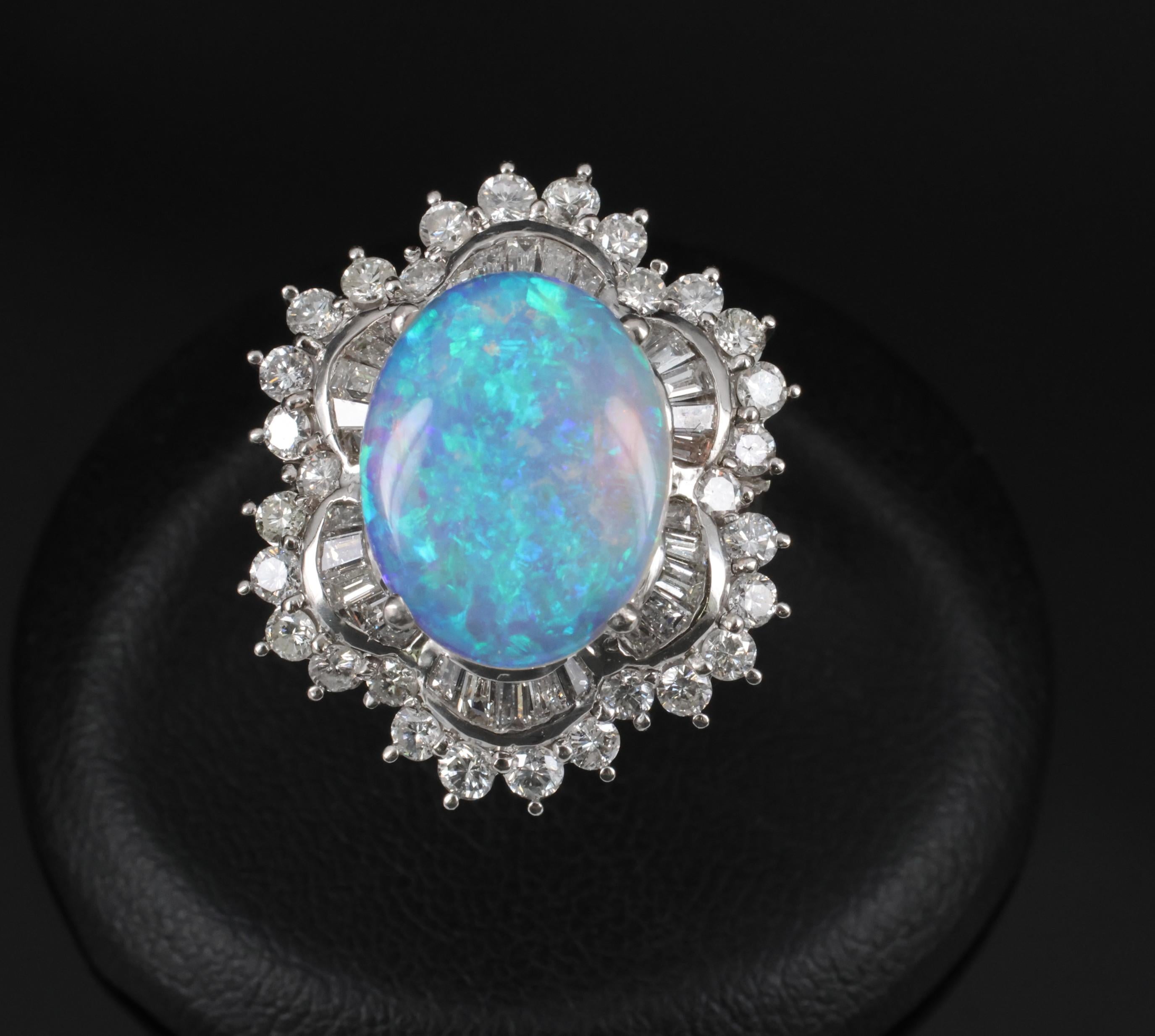 3.22ct Natural Untreated Opal & 2.16ct Diamond Halo Platinum Ring, Size 4.75