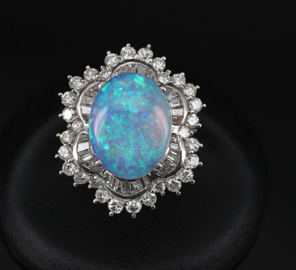 3.22ct Natural Untreated Opal & 2.16ct Diamond Halo Platinum Ring, Size 4.75