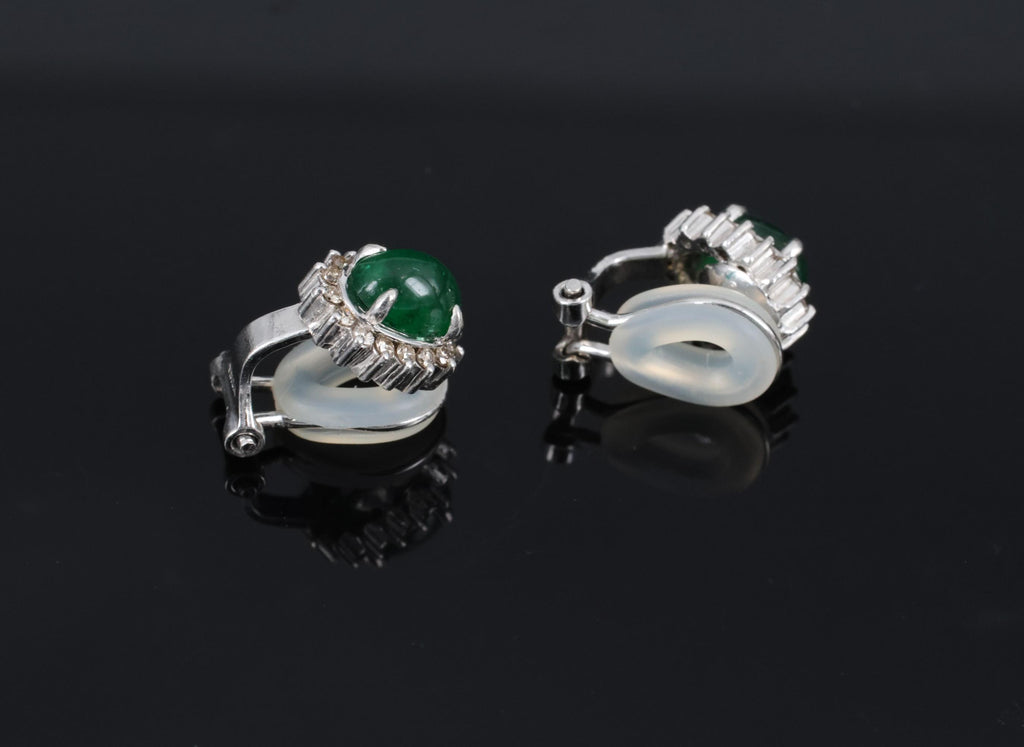 Fine 1.67ct Cabochon Emerald 0.32ct Diamond Platinum & White Gold Clip Earrings