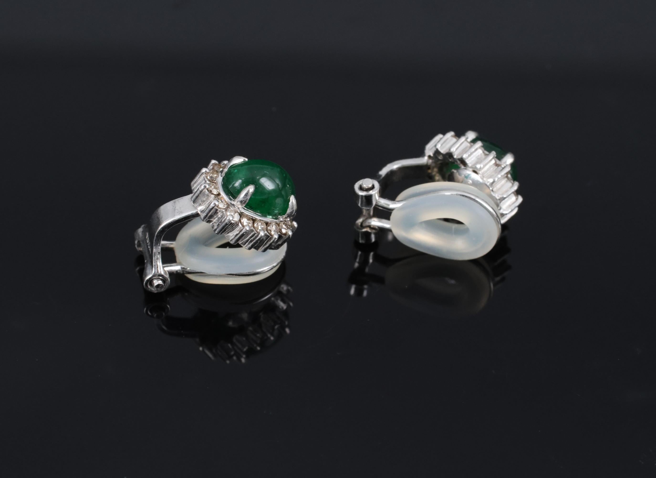 Fine 1.67ct Cabochon Emerald 0.32ct Diamond Platinum & White Gold Clip Earrings