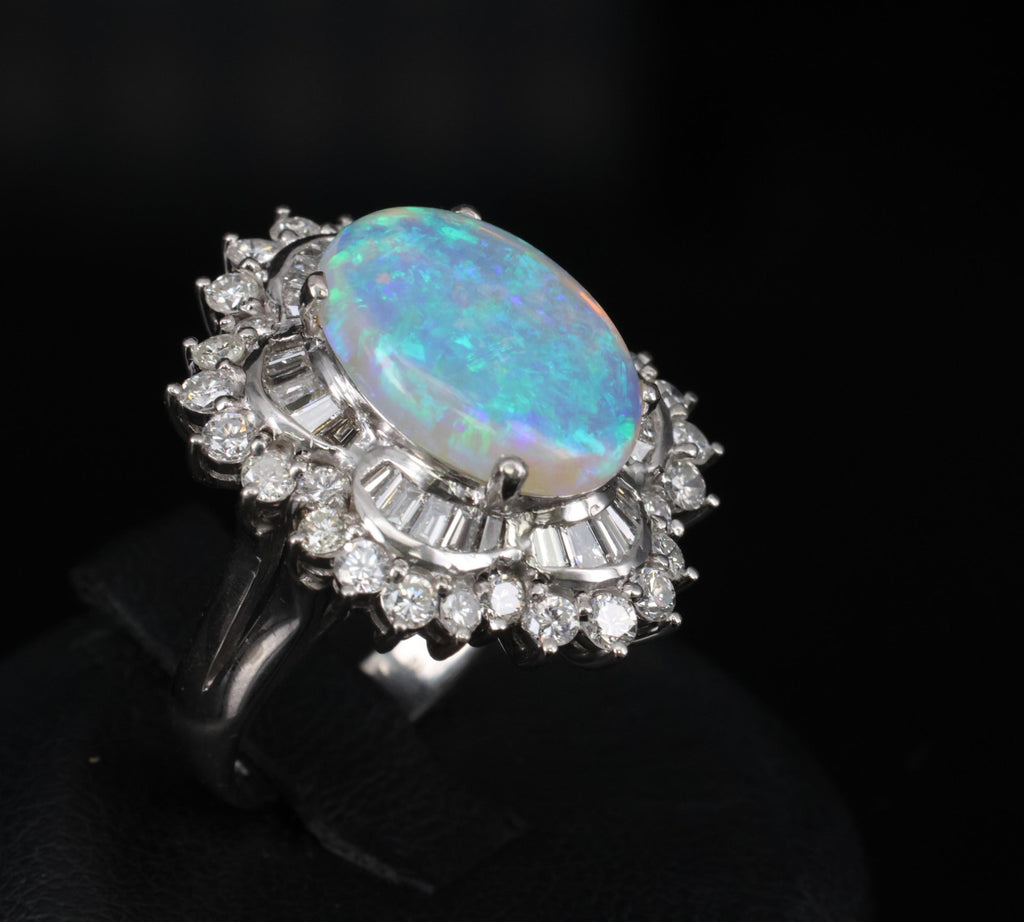 3.22ct Natural Untreated Opal & 2.16ct Diamond Halo Platinum Ring, Size 4.75