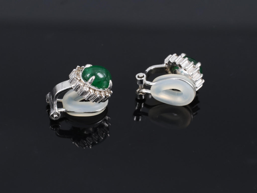 Fine 1.67ct Cabochon Emerald 0.32ct Diamond Platinum & White Gold Clip Earrings