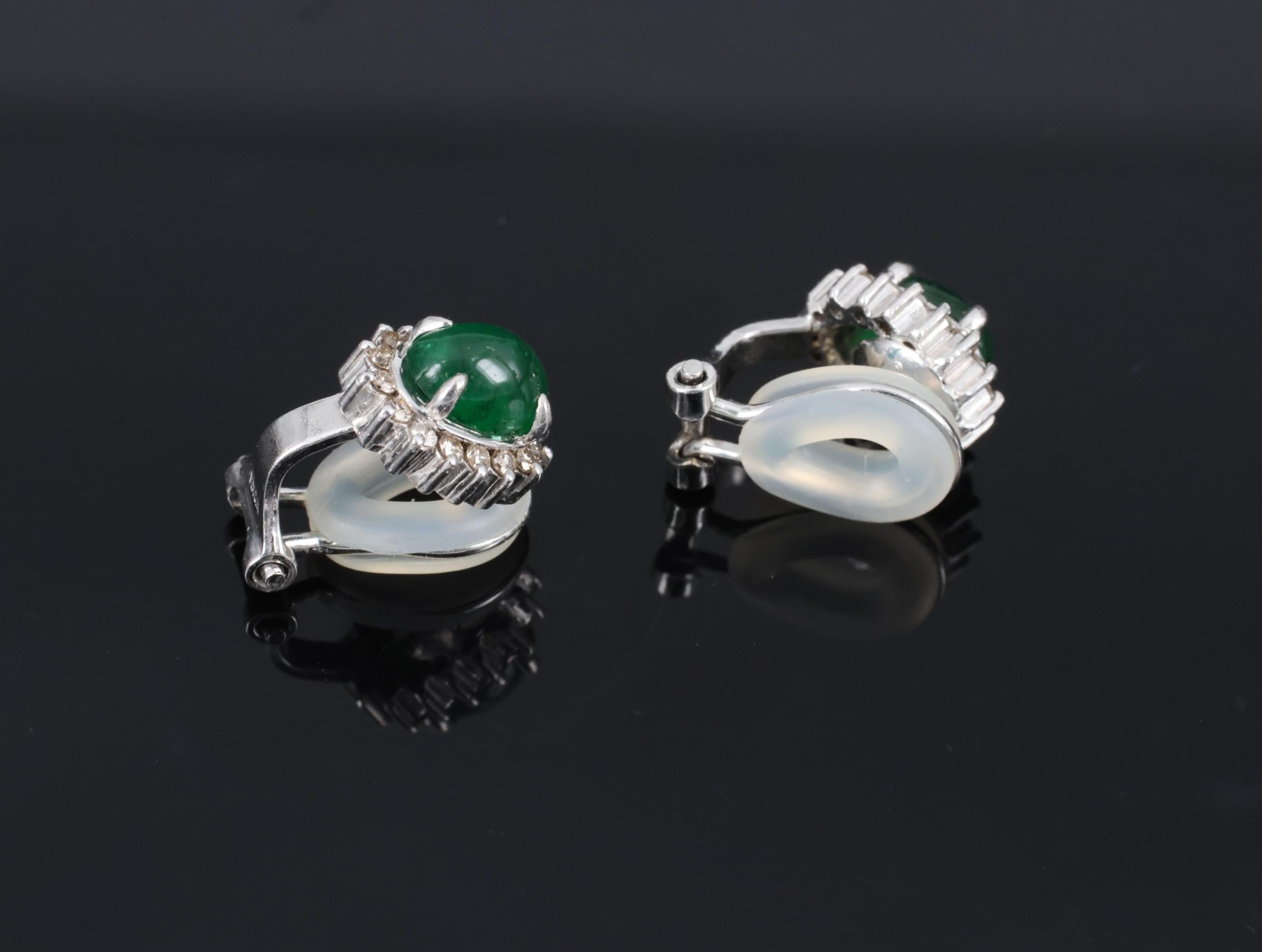 Fine 1.67ct Cabochon Emerald 0.32ct Diamond Platinum & White Gold Clip Earrings