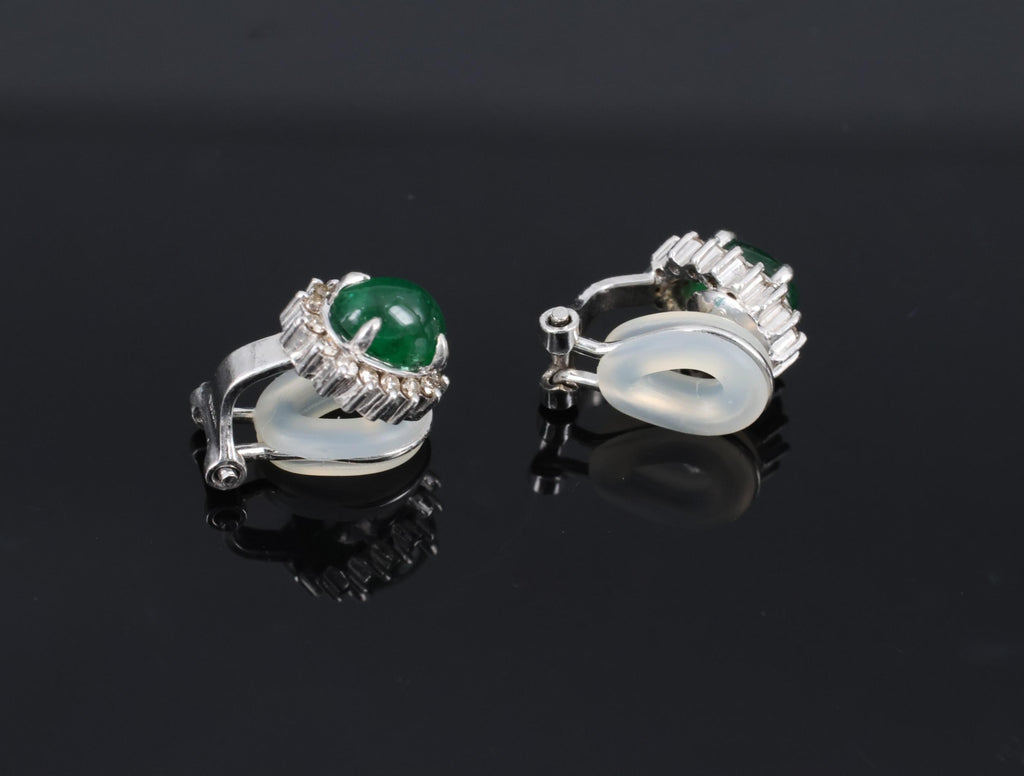 Fine 1.67ct Cabochon Emerald 0.32ct Diamond Platinum & White Gold Clip Earrings