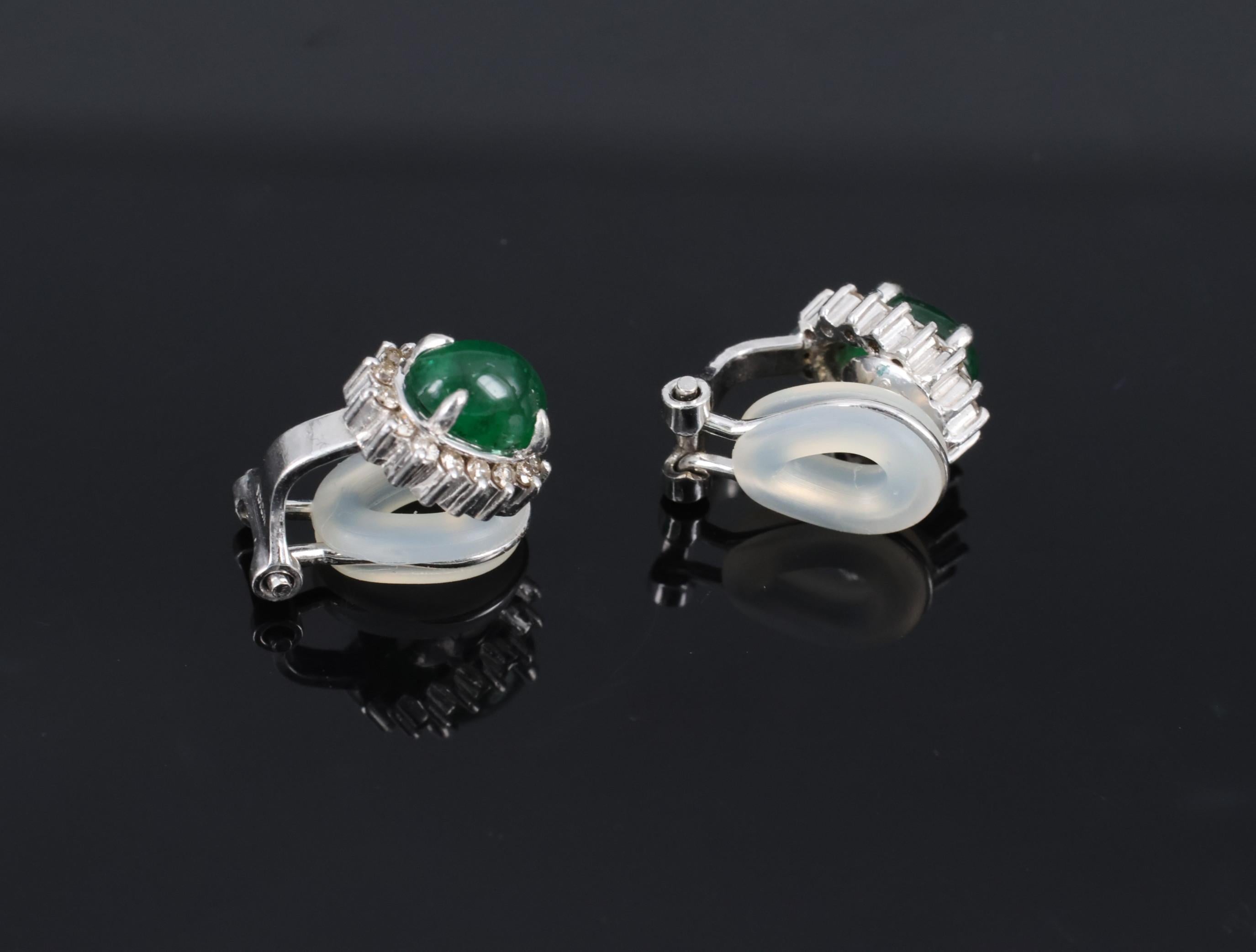 Fine 1.67ct Cabochon Emerald 0.32ct Diamond Platinum & White Gold Clip Earrings