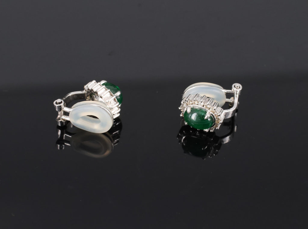 Fine 1.67ct Cabochon Emerald 0.32ct Diamond Platinum & White Gold Clip Earrings