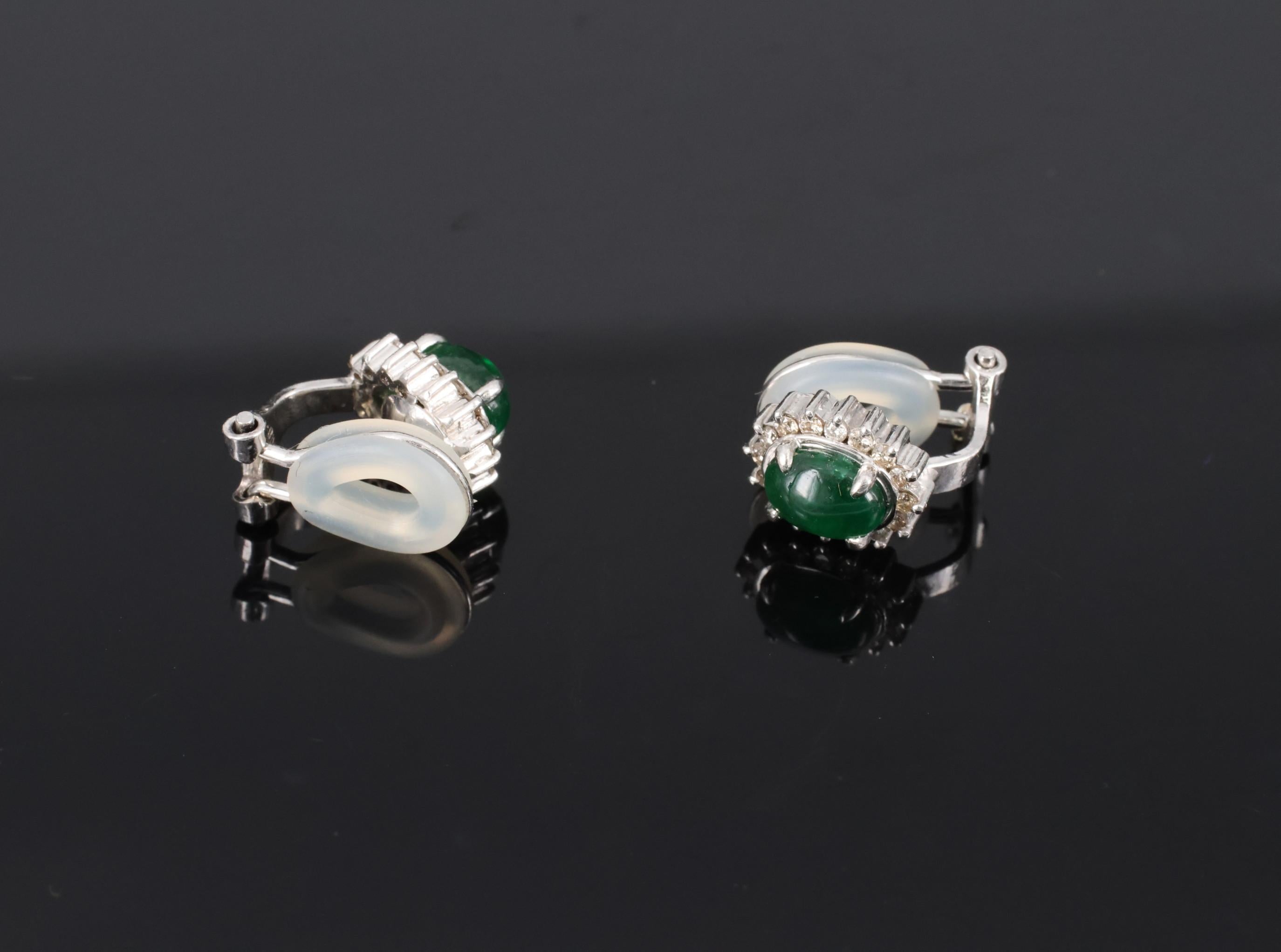 Fine 1.67ct Cabochon Emerald 0.32ct Diamond Platinum & White Gold Clip Earrings