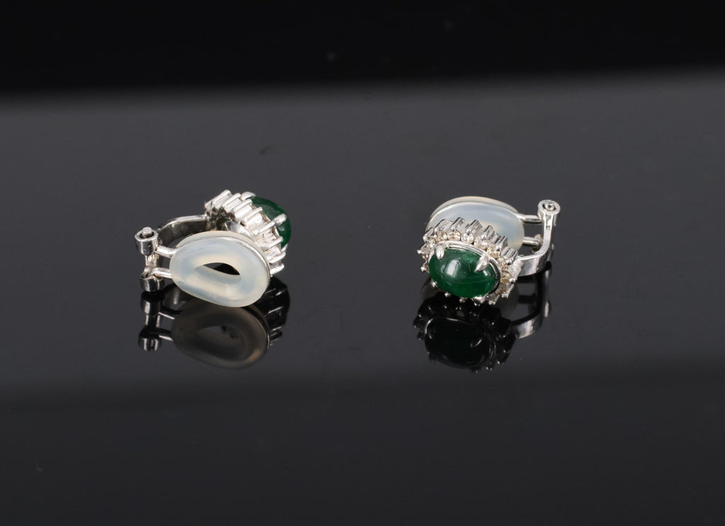 Fine 1.67ct Cabochon Emerald 0.32ct Diamond Platinum & White Gold Clip Earrings