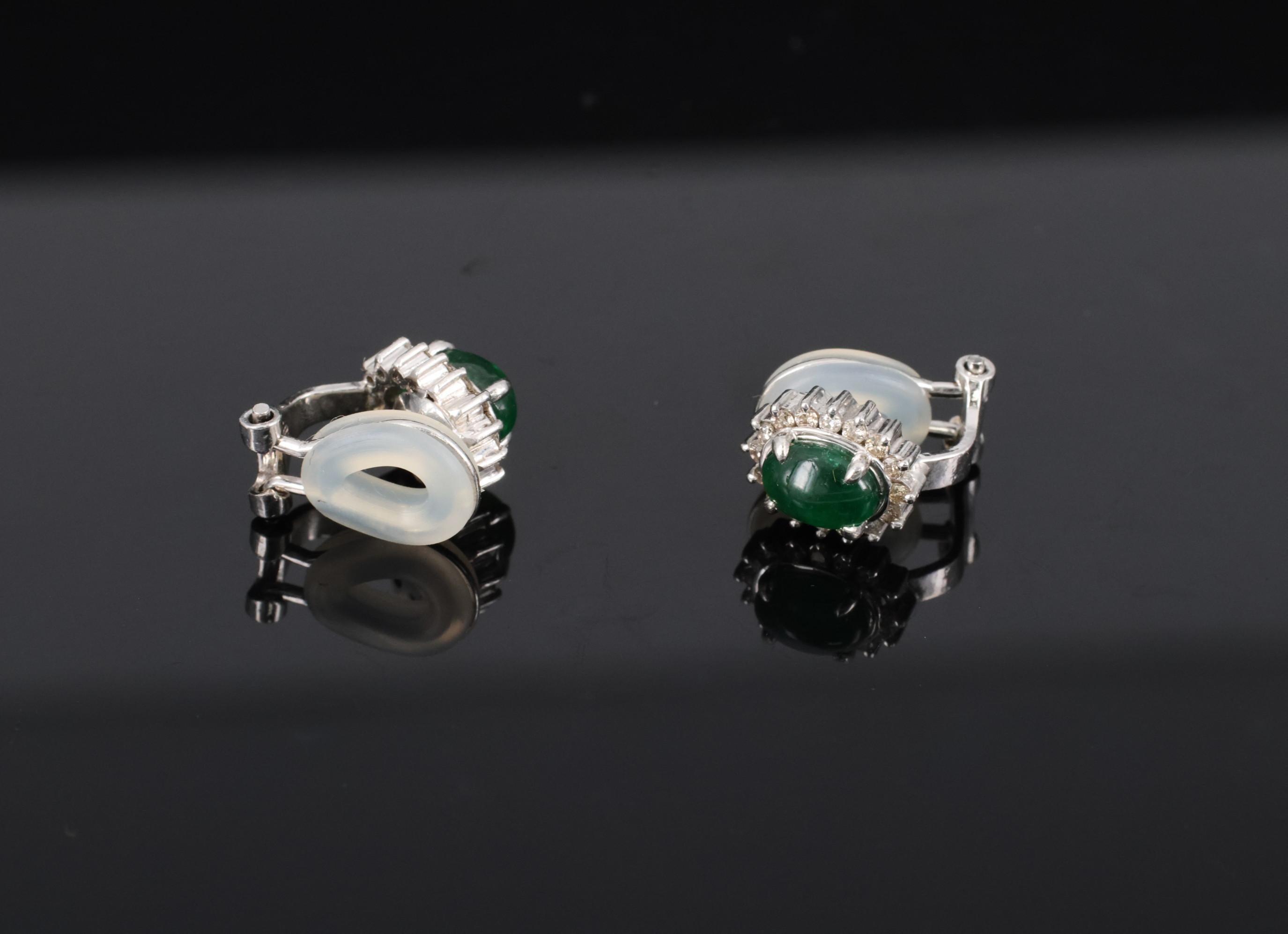 Fine 1.67ct Cabochon Emerald 0.32ct Diamond Platinum & White Gold Clip Earrings