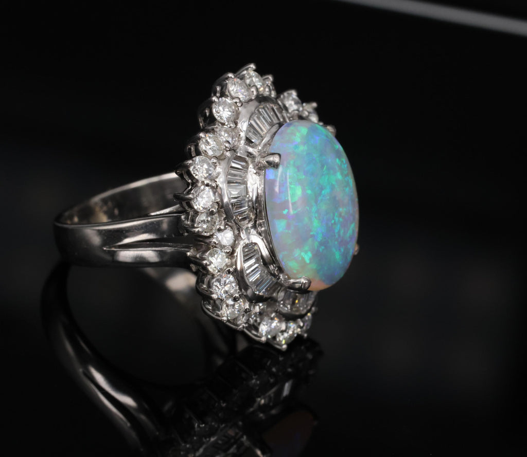 3.22ct Natural Untreated Opal & 2.16ct Diamond Halo Platinum Ring, Size 4.75