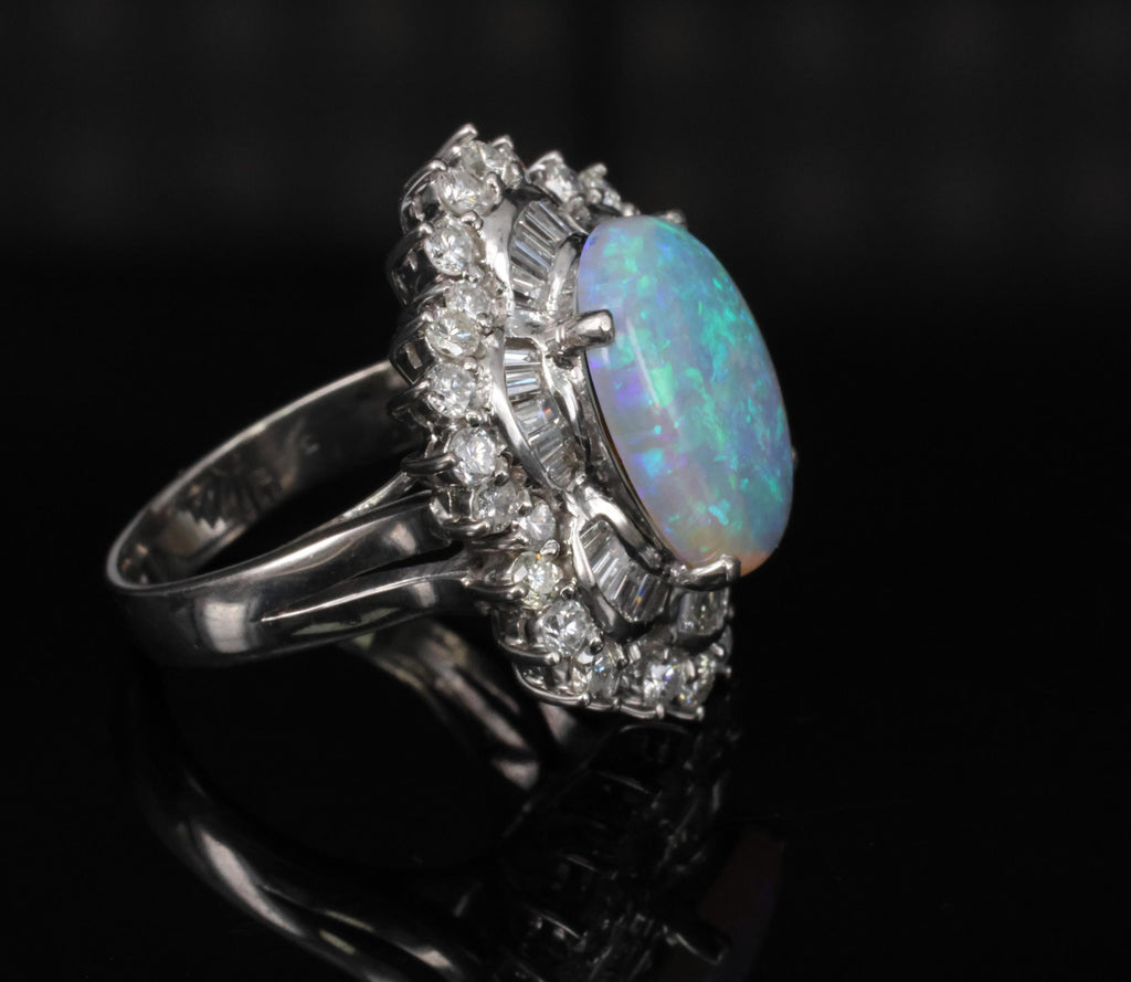 3.22ct Natural Untreated Opal & 2.16ct Diamond Halo Platinum Ring, Size 4.75