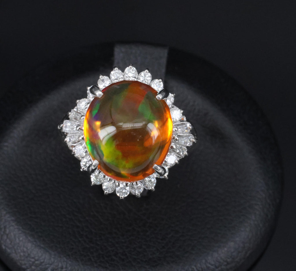4.96ct Natural Mexican Fire Opal & 0.45ct Diamond Halo Platinum Ring, Size 5.5