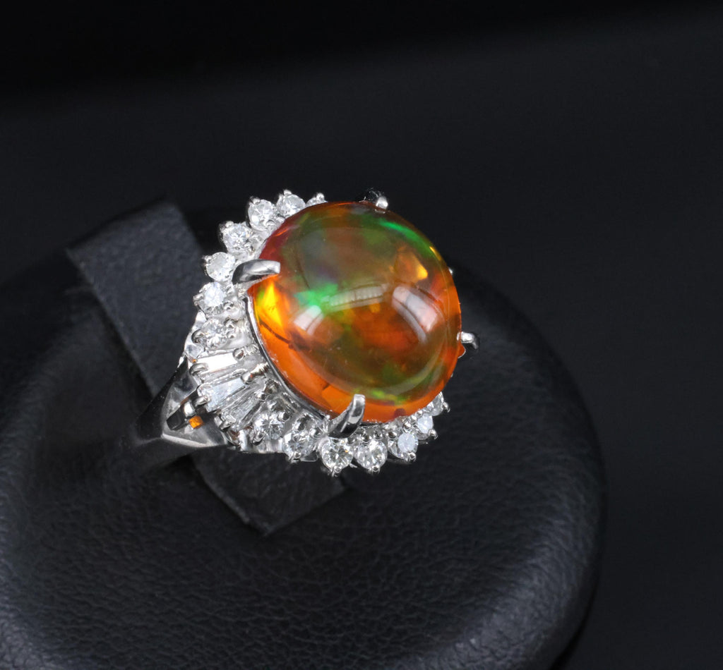 4.96ct Natural Mexican Fire Opal & 0.45ct Diamond Halo Platinum Ring, Size 5.5