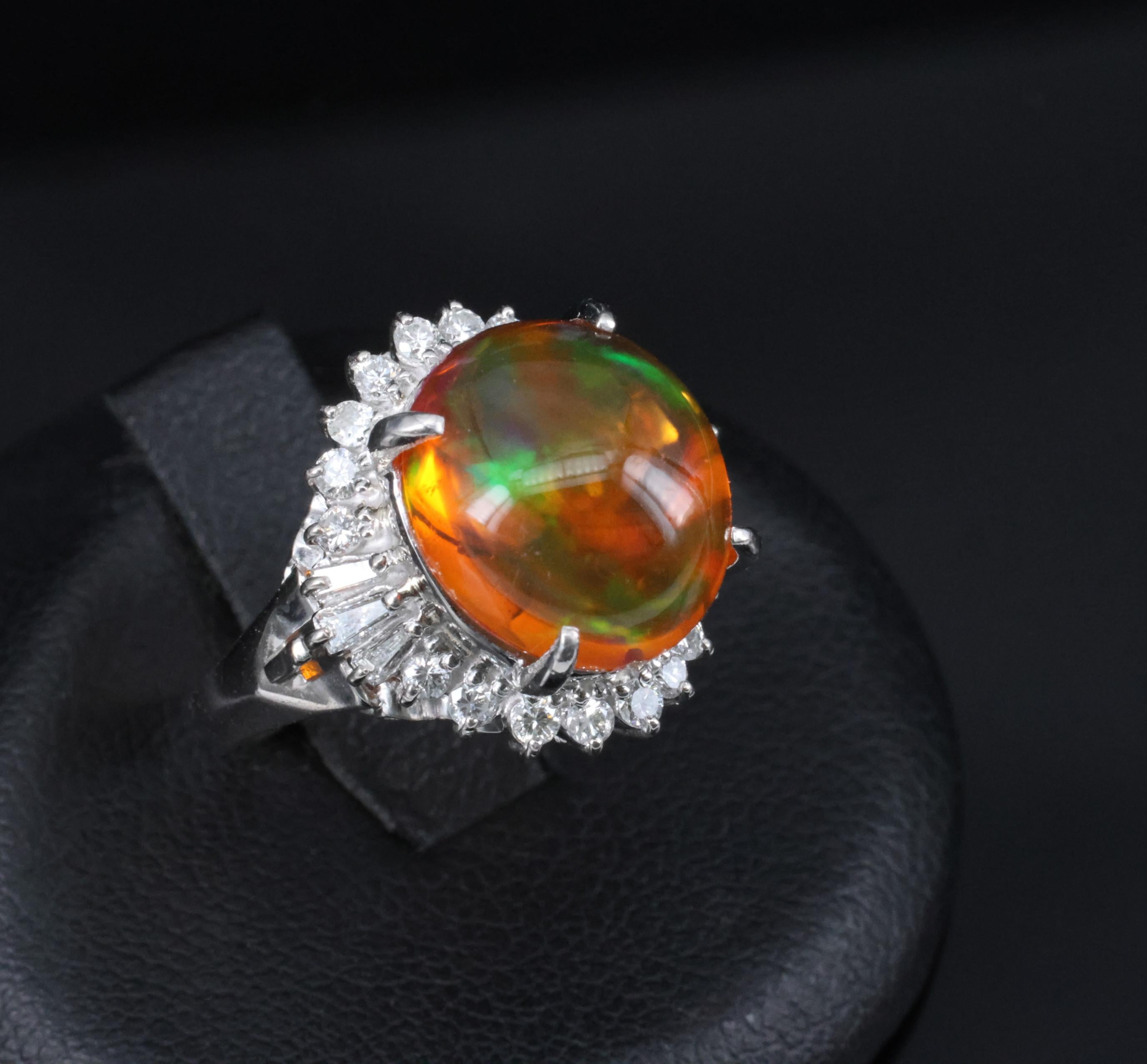 4.96ct Natural Mexican Fire Opal & 0.45ct Diamond Halo Platinum Ring, Size 5.5