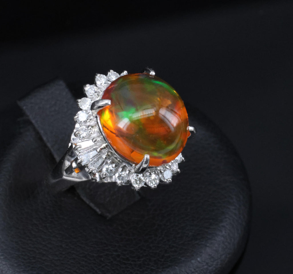 4.96ct Natural Mexican Fire Opal & 0.45ct Diamond Halo Platinum Ring, Size 5.5