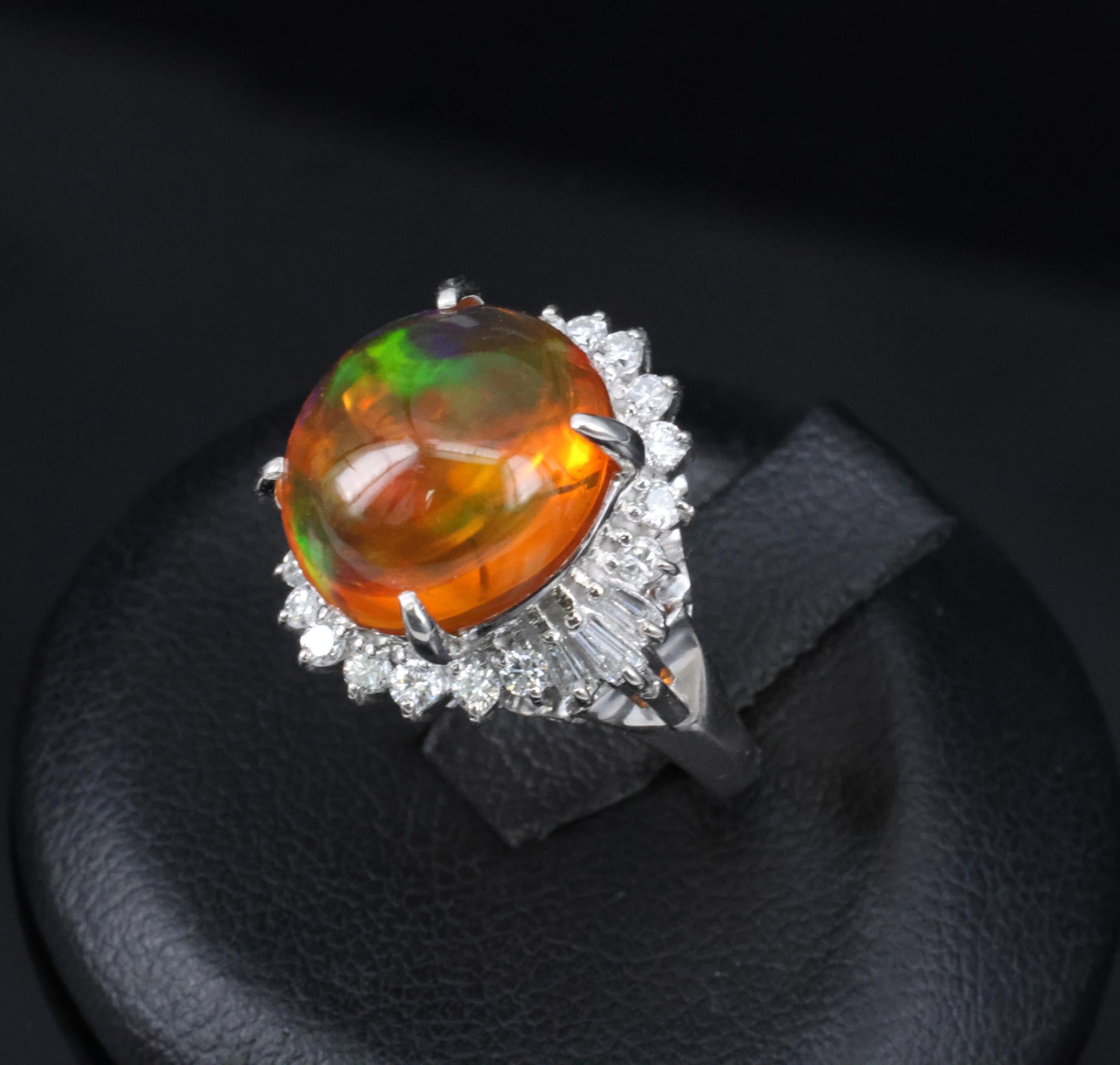 4.96ct Natural Mexican Fire Opal & 0.45ct Diamond Halo Platinum Ring, Size 5.5