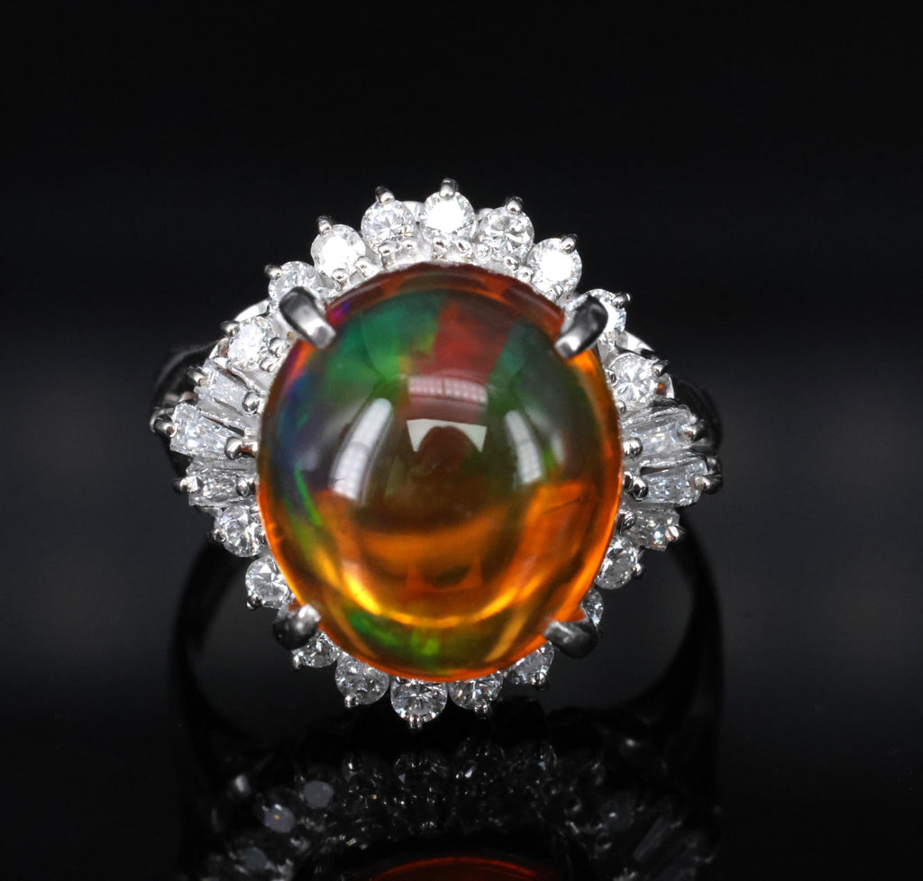 4.96ct Natural Mexican Fire Opal & 0.45ct Diamond Halo Platinum Ring, Size 5.5