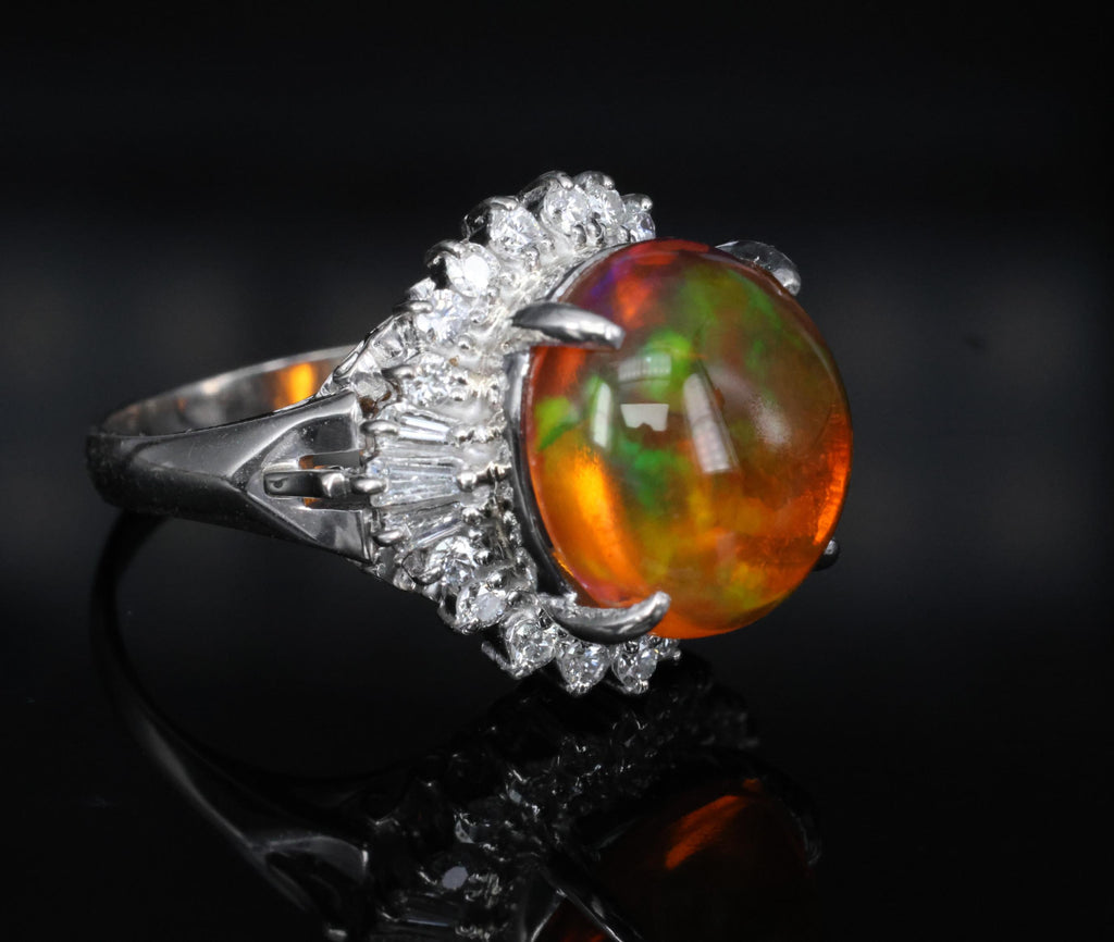 4.96ct Natural Mexican Fire Opal & 0.45ct Diamond Halo Platinum Ring, Size 5.5