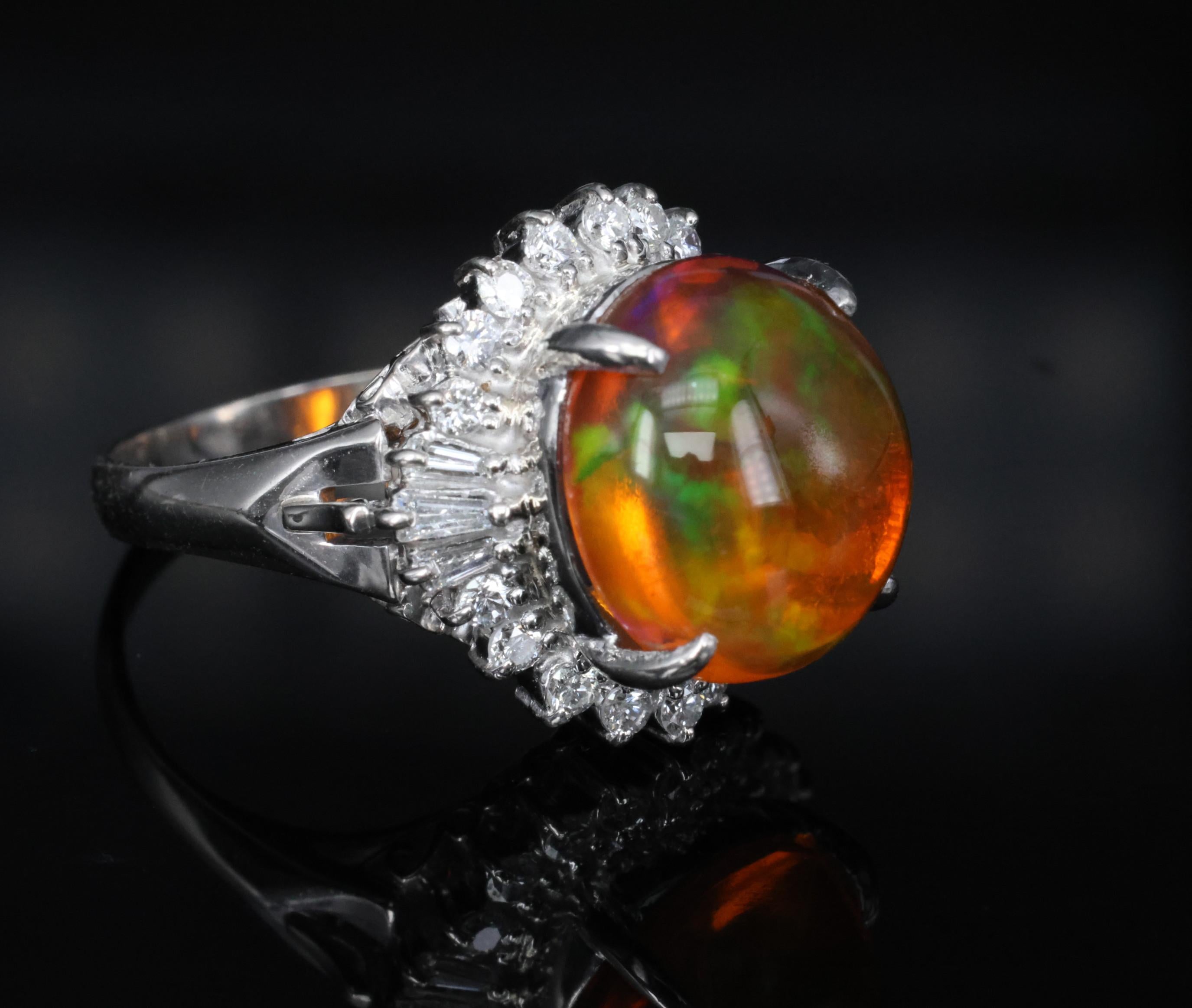 4.96ct Natural Mexican Fire Opal & 0.45ct Diamond Halo Platinum Ring, Size 5.5