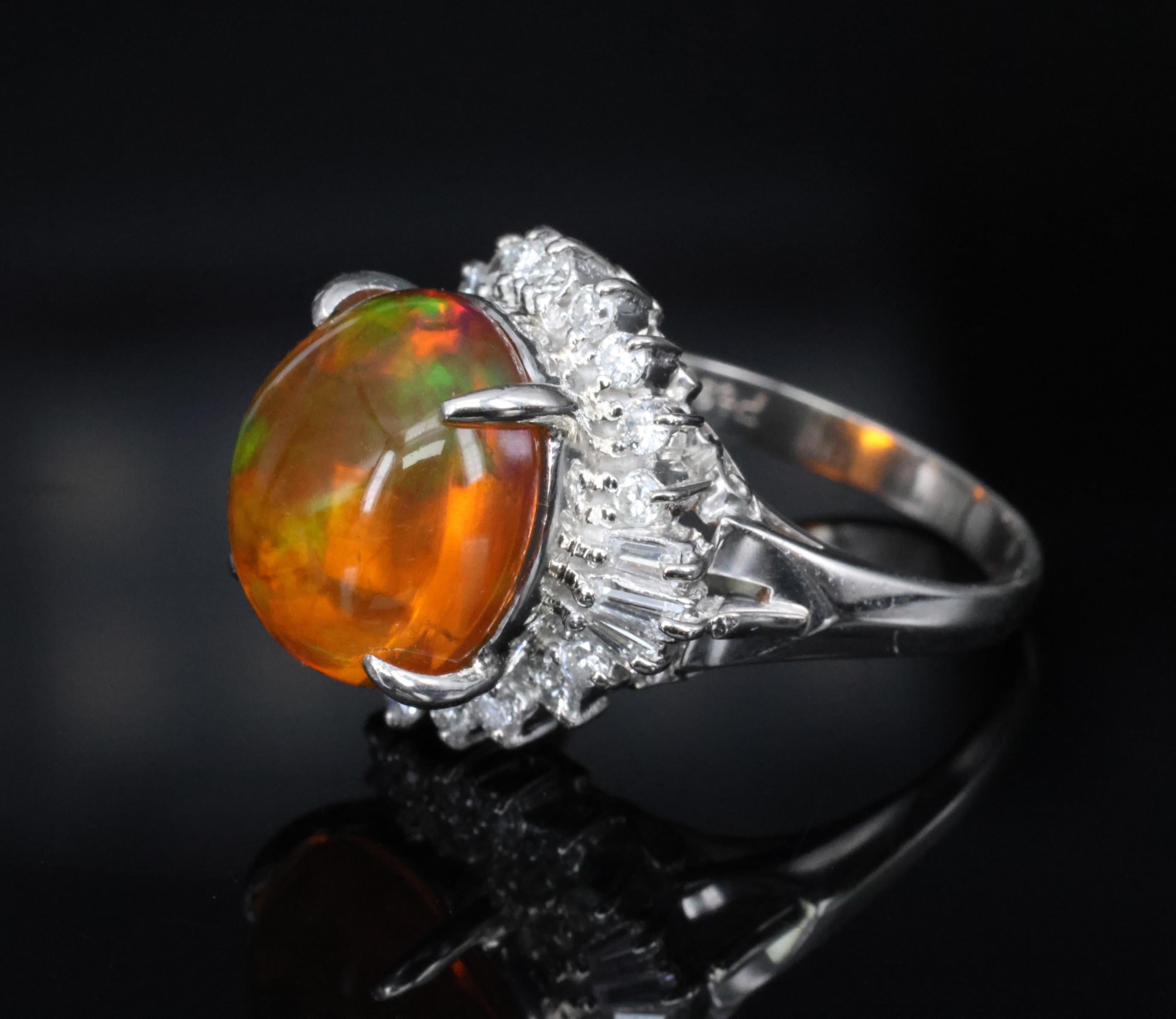 4.96ct Natural Mexican Fire Opal & 0.45ct Diamond Halo Platinum Ring, Size 5.5