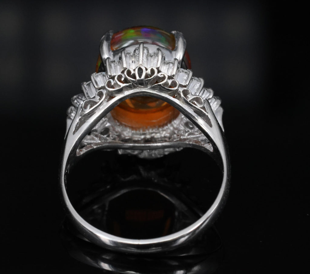 4.96ct Natural Mexican Fire Opal & 0.45ct Diamond Halo Platinum Ring, Size 5.5