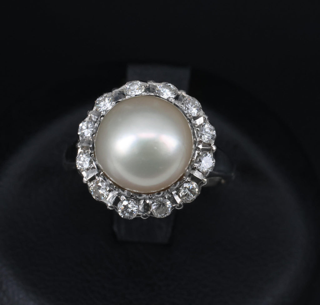 Vintage 9.5mm South Seas Cultured Pearl & 0.48ct Diamond Platinum Ring, Size 6