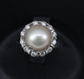 Vintage 9.5mm South Seas Cultured Pearl & 0.48ct Diamond Platinum Ring, Size 6