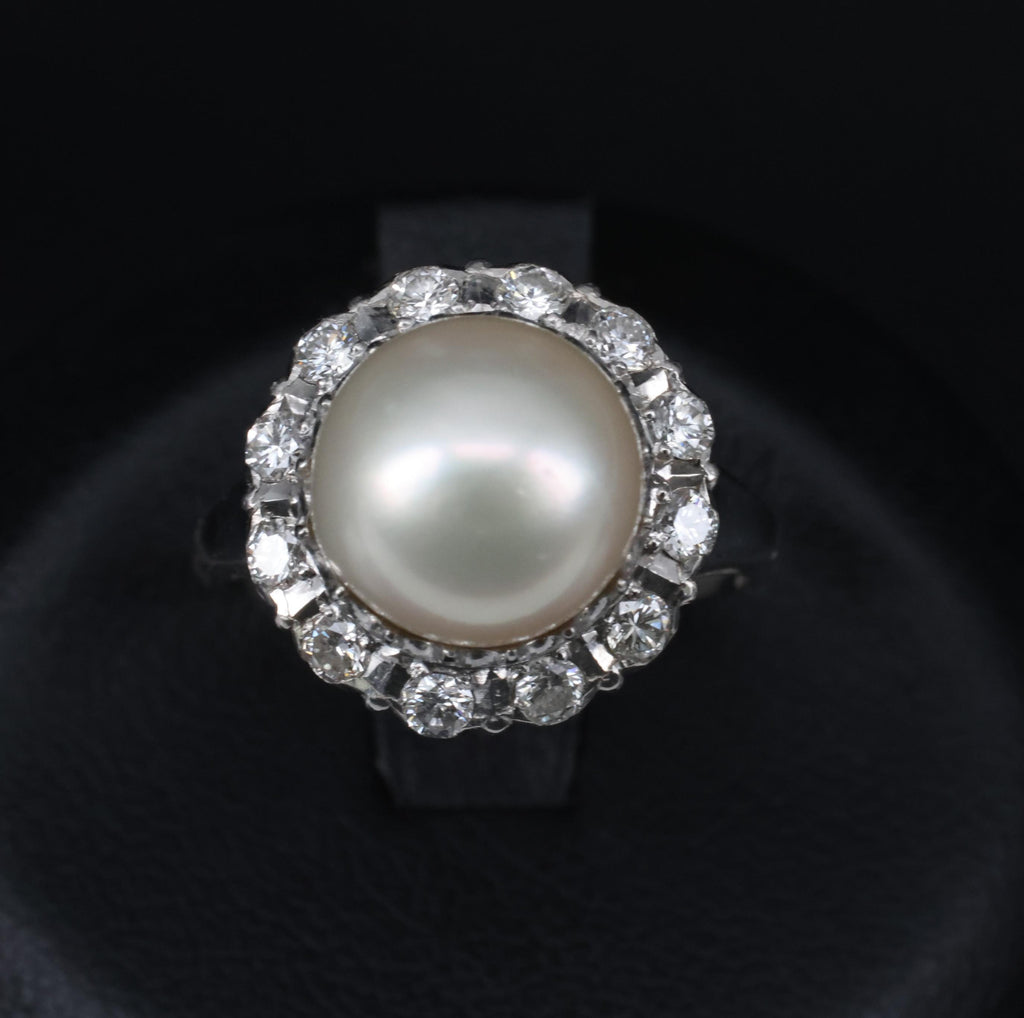 Vintage 9.5mm South Seas Cultured Pearl & 0.48ct Diamond Platinum Ring, Size 6