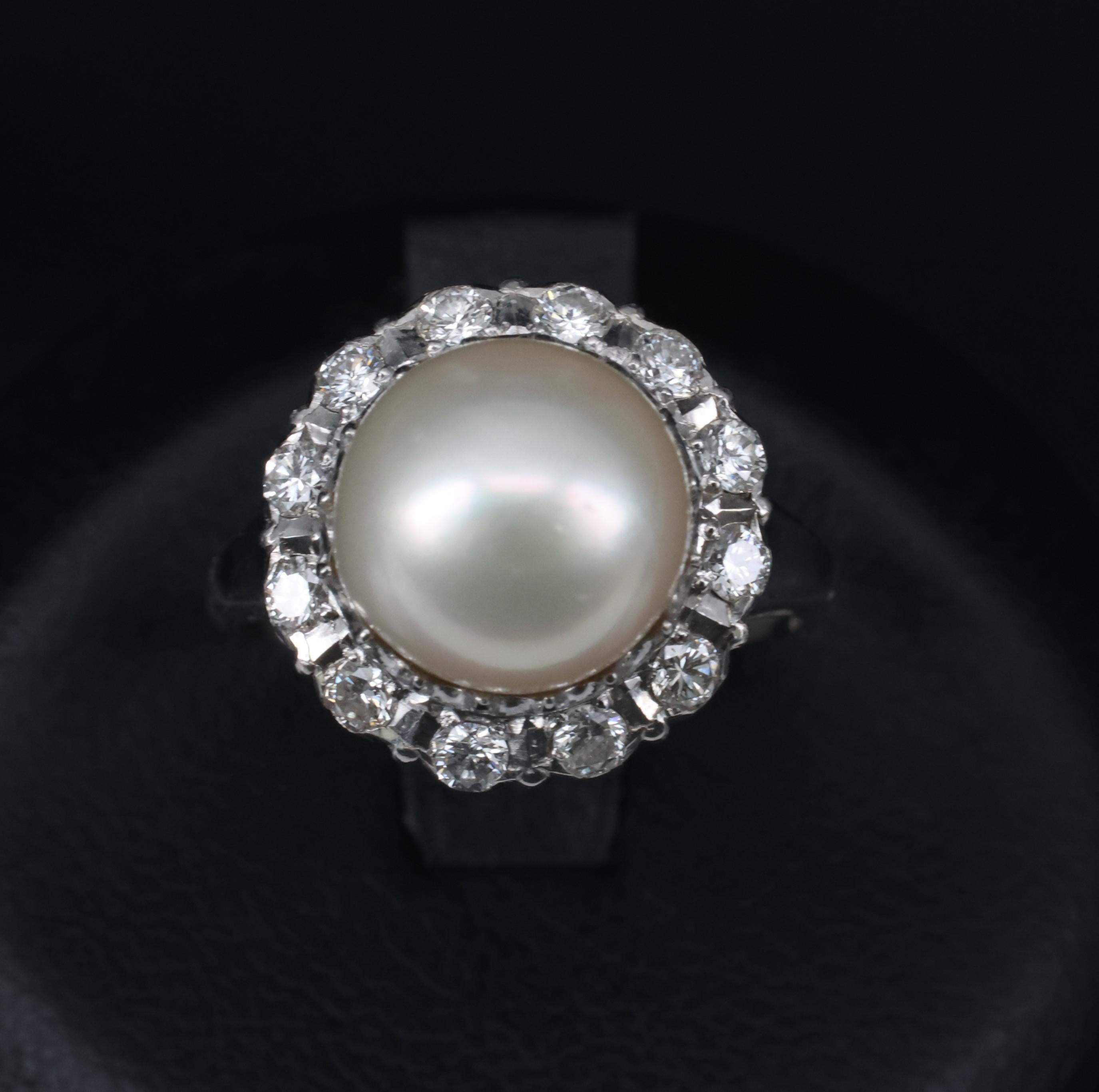 Vintage 9.5mm South Seas Cultured Pearl & 0.48ct Diamond Platinum Ring, Size 6
