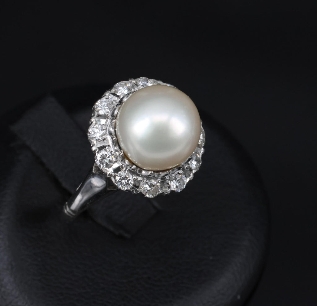 Vintage 9.5mm South Seas Cultured Pearl & 0.48ct Diamond Platinum Ring, Size 6