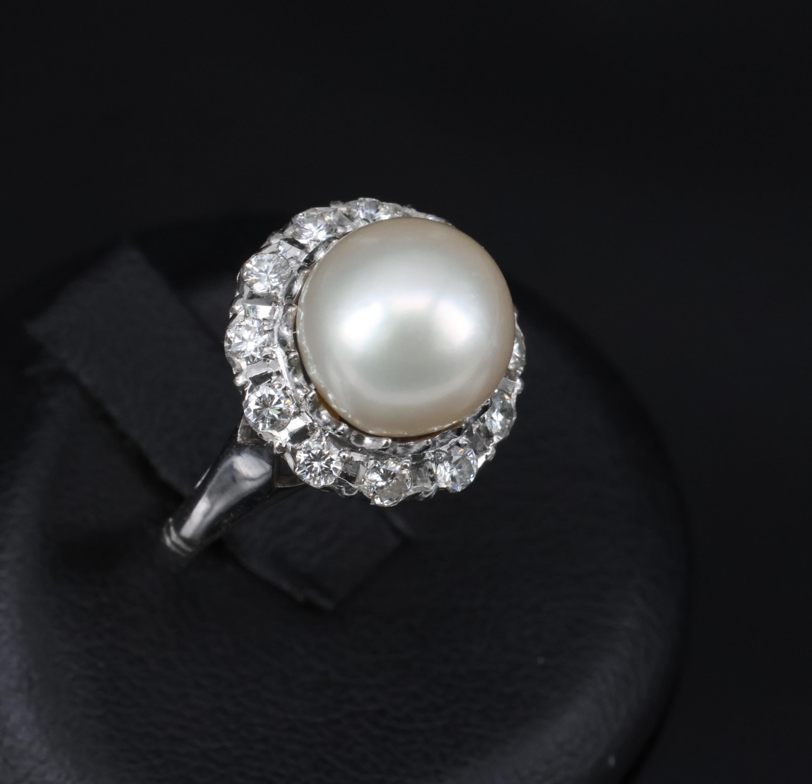 Vintage 9.5mm South Seas Cultured Pearl & 0.48ct Diamond Platinum Ring, Size 6