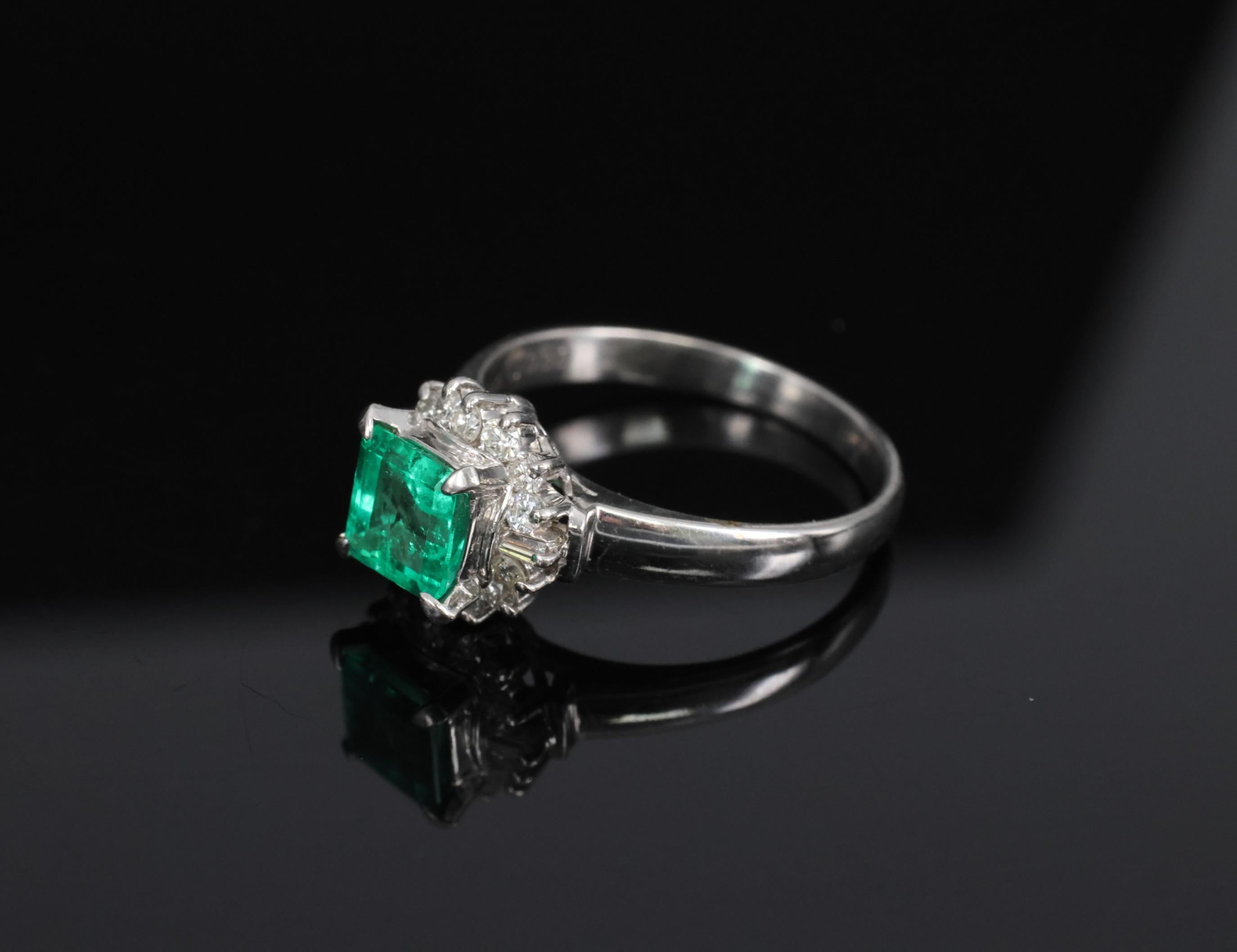 Fine 0.84ct GIA Colombian F1 Emerald & 0.30ct Diamond Platinum Ring Size 6.75