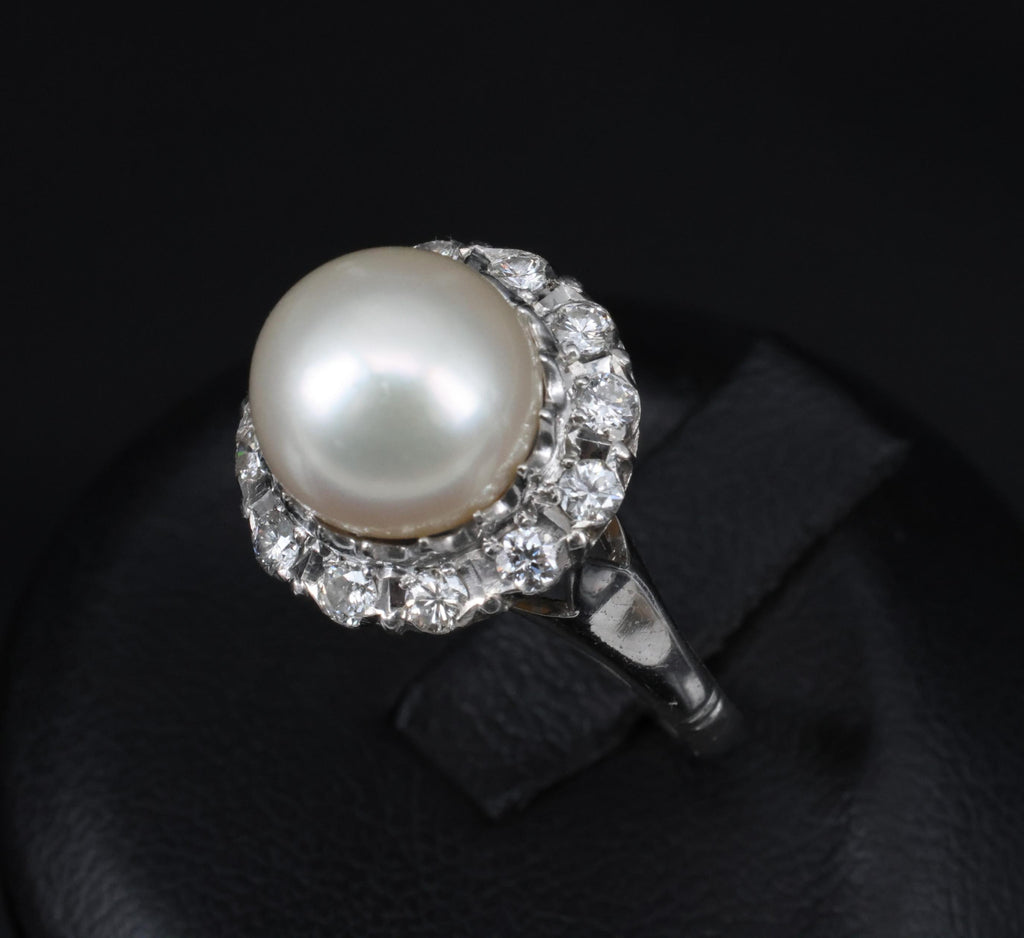 Vintage 9.5mm South Seas Cultured Pearl & 0.48ct Diamond Platinum Ring, Size 6