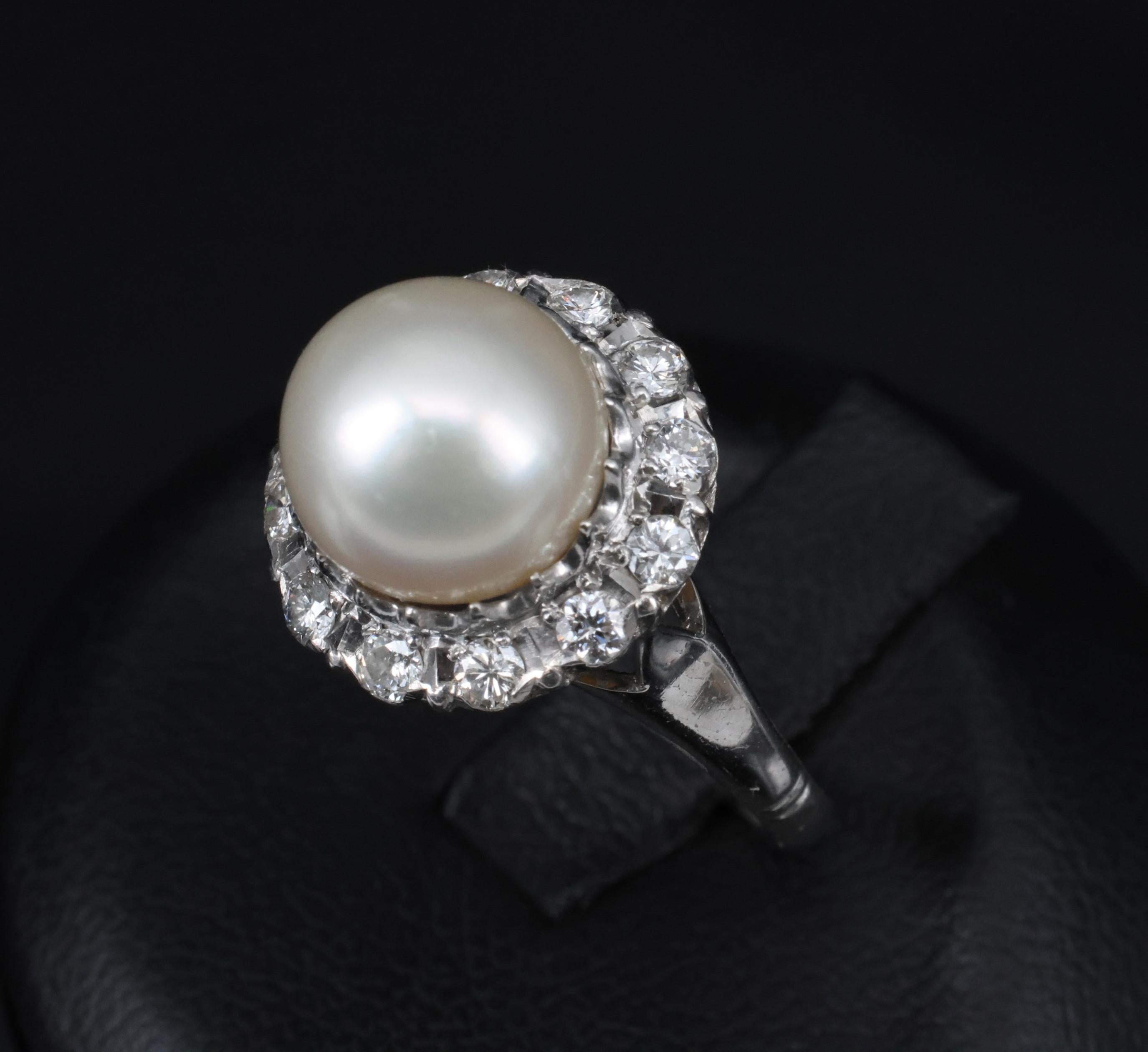 Vintage 9.5mm South Seas Cultured Pearl & 0.48ct Diamond Platinum Ring, Size 6