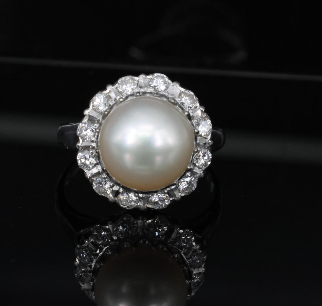 Vintage 9.5mm South Seas Cultured Pearl & 0.48ct Diamond Platinum Ring, Size 6