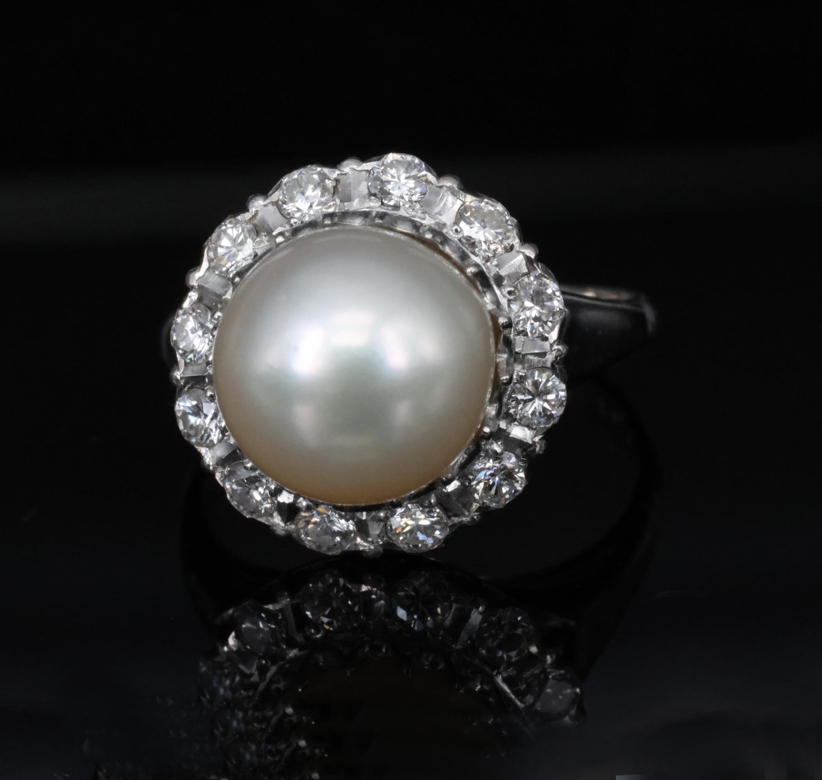 Vintage 9.5mm South Seas Cultured Pearl & 0.48ct Diamond Platinum Ring, Size 6