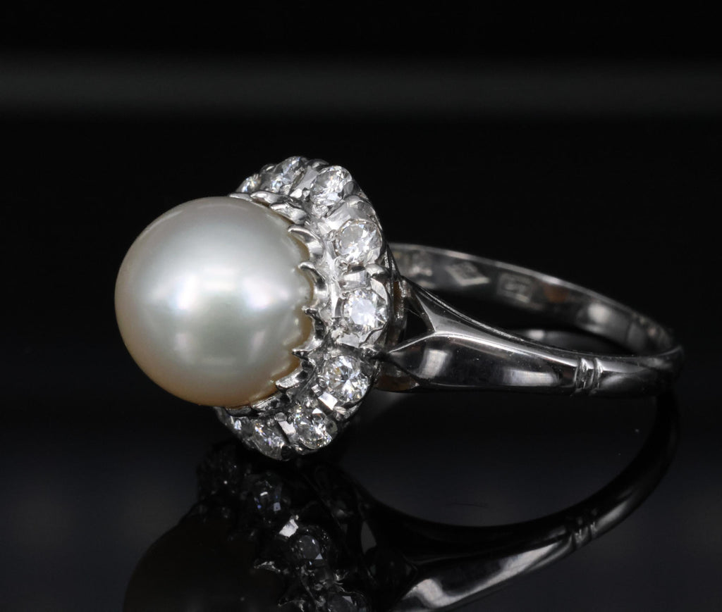 Vintage 9.5mm South Seas Cultured Pearl & 0.48ct Diamond Platinum Ring, Size 6