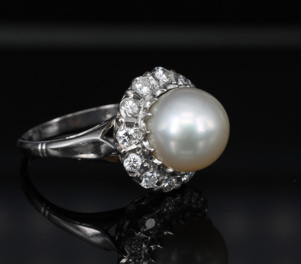 Vintage 9.5mm South Seas Cultured Pearl & 0.48ct Diamond Platinum Ring, Size 6