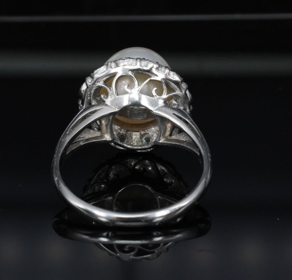 Vintage 9.5mm South Seas Cultured Pearl & 0.48ct Diamond Platinum Ring, Size 6