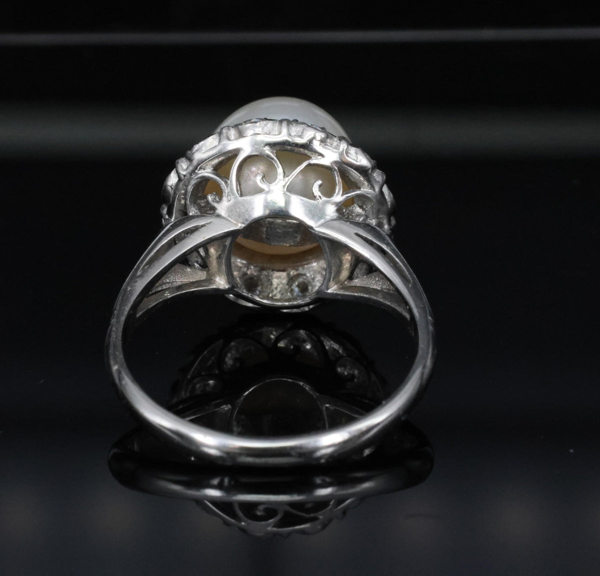 Vintage 9.5mm South Seas Cultured Pearl & 0.48ct Diamond Platinum Ring, Size 6