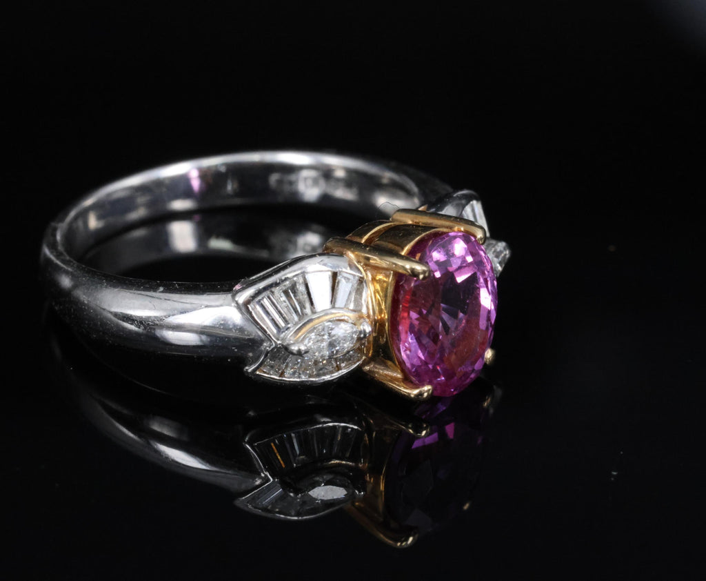 1.55ct Natural Pink Sapphire & 0.24ct Diamond Platinum 18K Gold Ring, Size 5