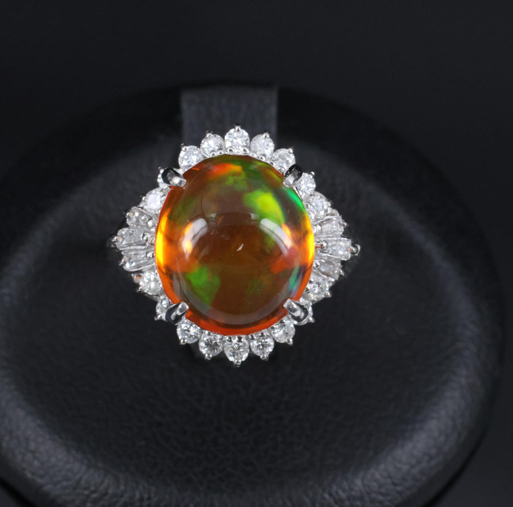 4.96ct Natural Mexican Fire Opal & 0.45ct Diamond Halo Platinum Ring, Size 5.5
