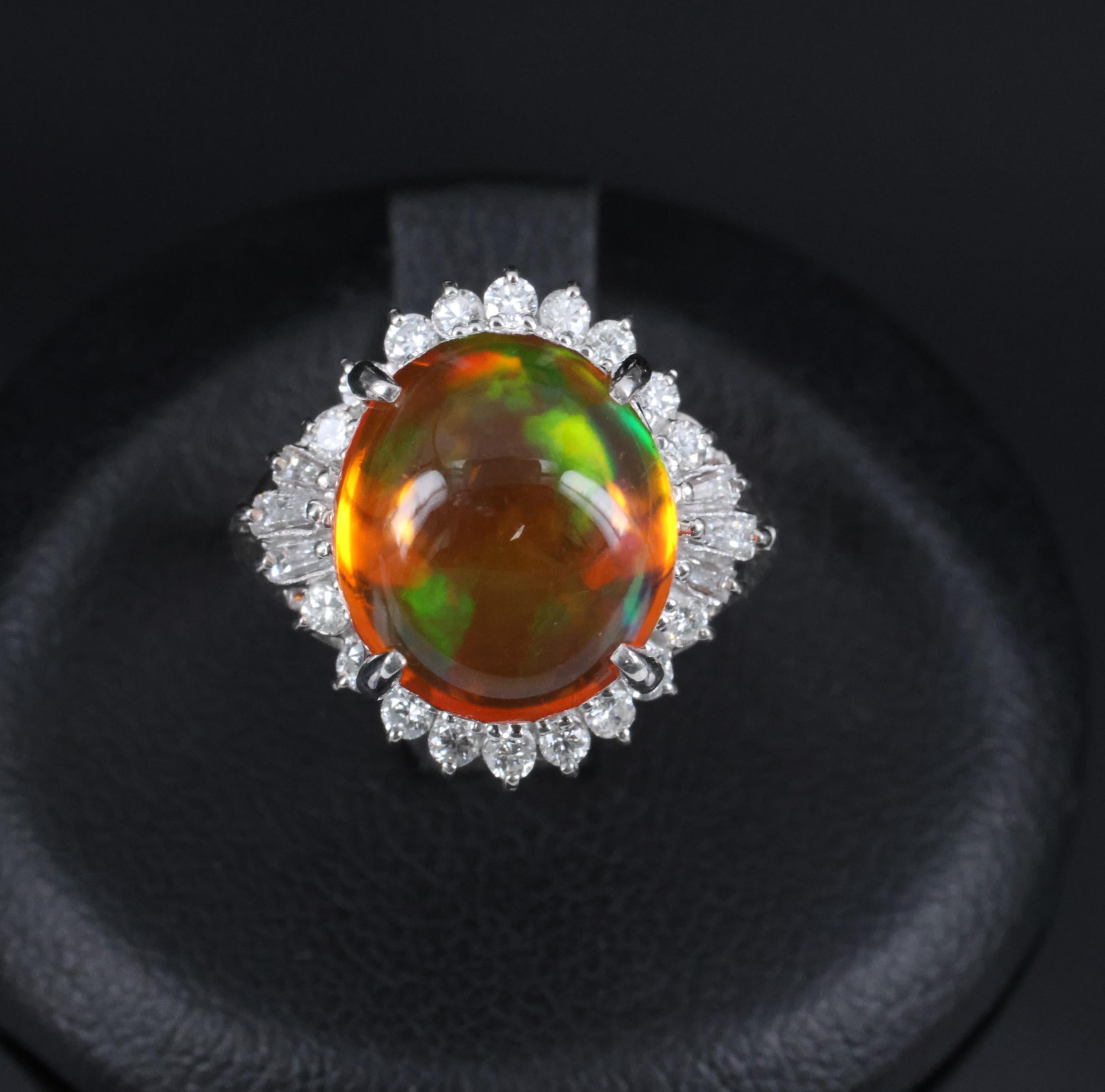 4.96ct Natural Mexican Fire Opal & 0.45ct Diamond Halo Platinum Ring, Size 5.5