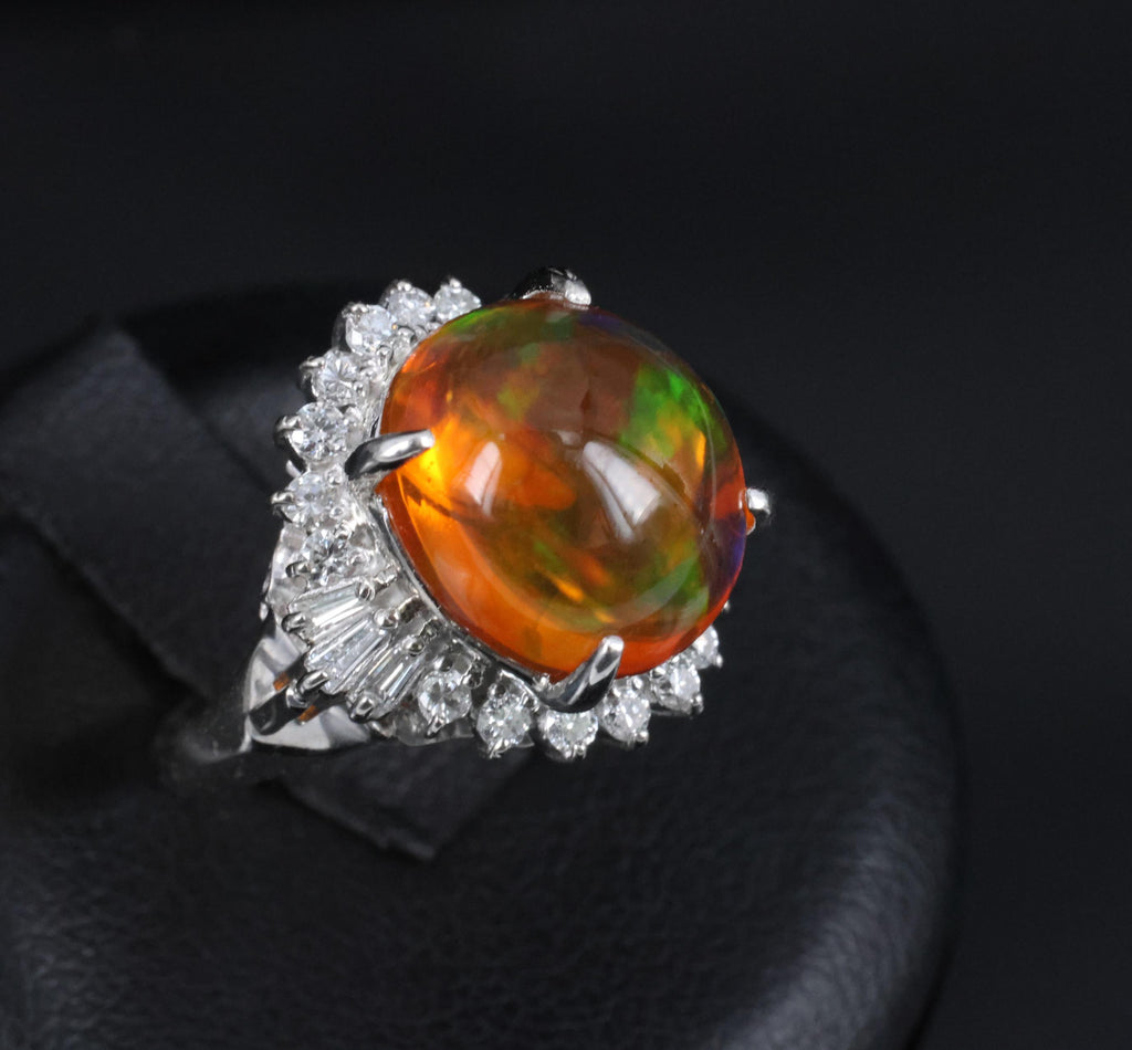 4.96ct Natural Mexican Fire Opal & 0.45ct Diamond Halo Platinum Ring, Size 5.5