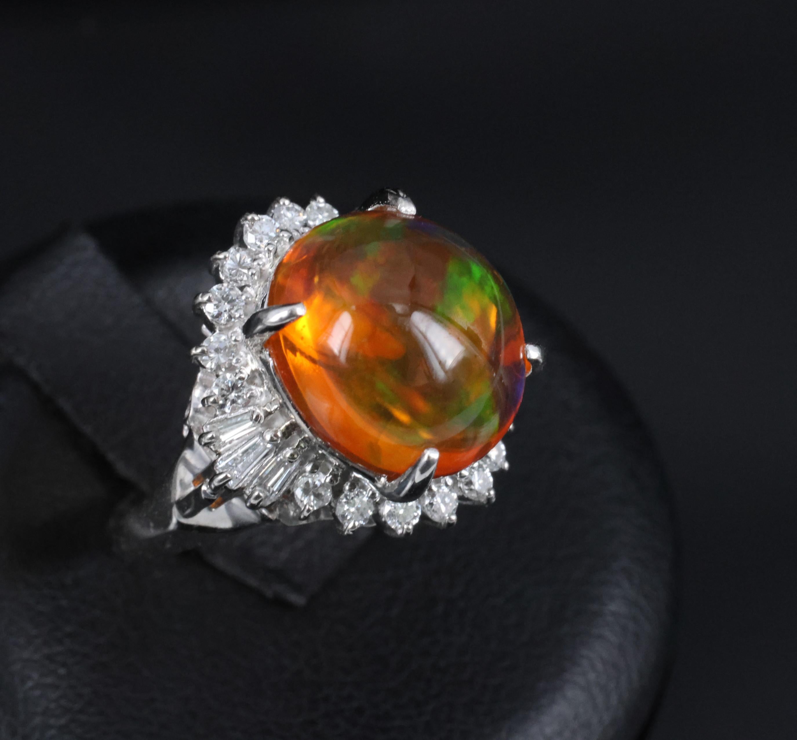 4.96ct Natural Mexican Fire Opal & 0.45ct Diamond Halo Platinum Ring, Size 5.5
