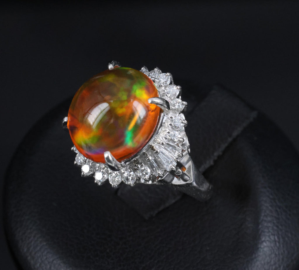 4.96ct Natural Mexican Fire Opal & 0.45ct Diamond Halo Platinum Ring, Size 5.5