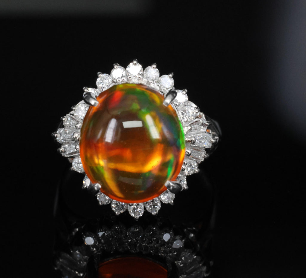 4.96ct Natural Mexican Fire Opal & 0.45ct Diamond Halo Platinum Ring, Size 5.5