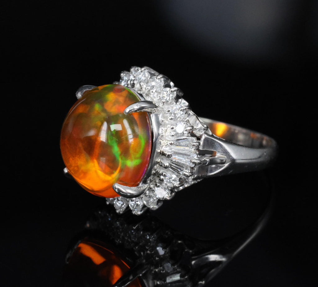 4.96ct Natural Mexican Fire Opal & 0.45ct Diamond Halo Platinum Ring, Size 5.5