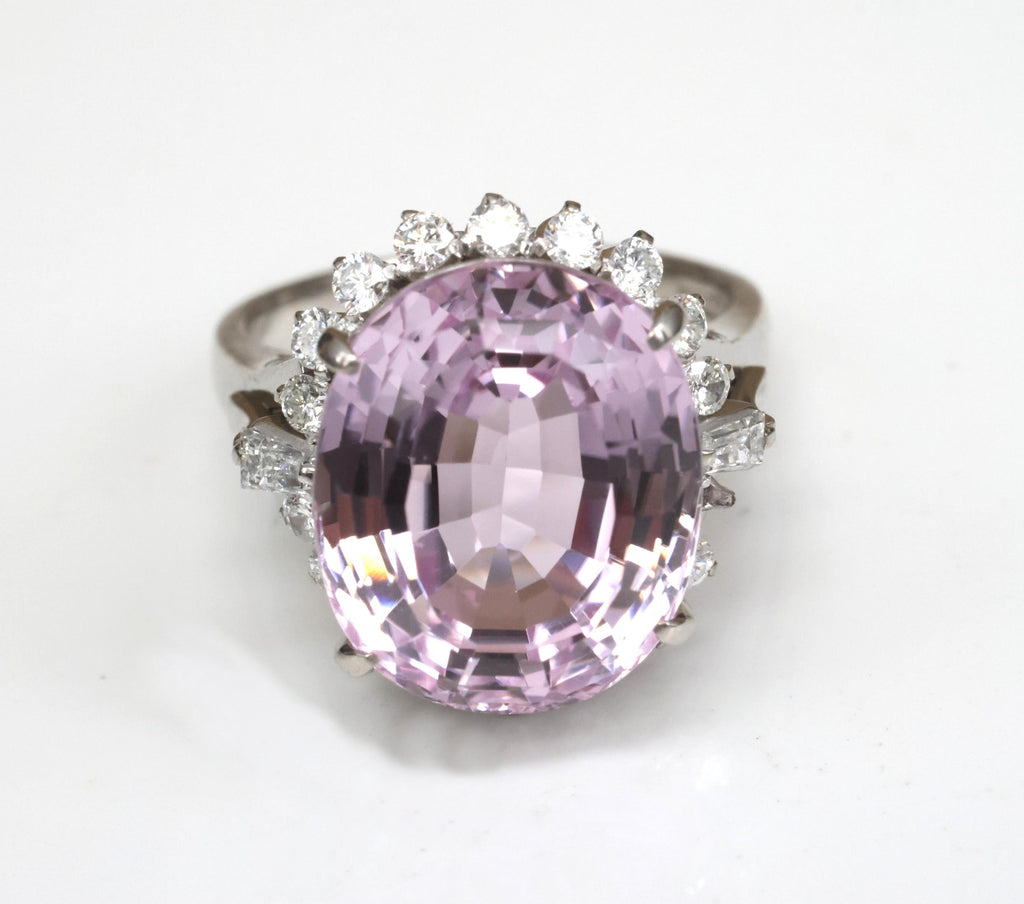 Exquisite 12.28ct Natural Kunzite & 0.64ct Diamond Platinum Ring, Size 6.25