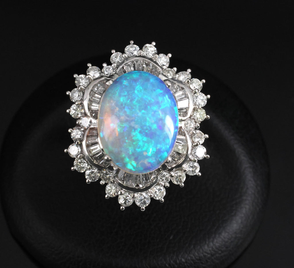3.22ct Natural Untreated Opal & 2.16ct Diamond Halo Platinum Ring, Size 4.75